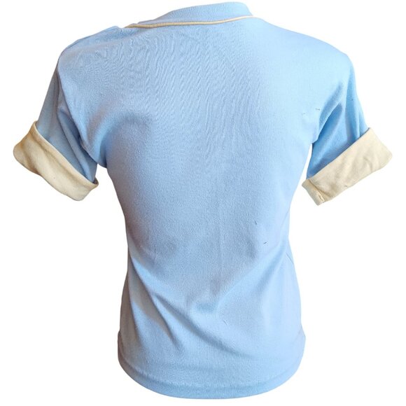 Small Vintage 80's T-Shirt Button Shoulder Top Cream Rolled Cuffs New Wave USA - Picture 6 of 7